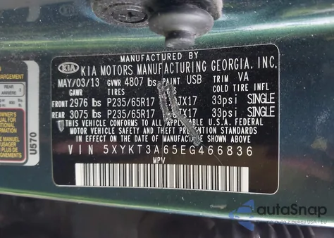 2014 Kia Sorento Lx z USA, uszkodzony, nr VIN 5XYKT3A65EG466836